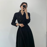 Autumn Women Elegant Pleated Shirt Dresses Full Sleeve Slim Double Breasted Sashes Dress Chic Female Office Lady Maxi Vestidos