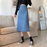 Women High Waist Casual Skirts Korean Style Solid Color All-match Straight Ladies Elegant Long Skirt