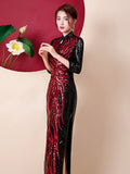 Fashion Sequins Embroidered Evening Dress Side-Slit Formal Occasion Women Black Red Long-Sleeve Tea-Length China Cheongsam