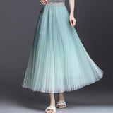 Summer Gradient Pattern A-line Pleated Long Women Tulle Skirt Streetwear Elegant Elastic Waist Midi Skirt