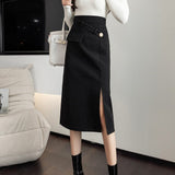 Women High Waist Spring Korean Style Vintage Woolen All-match Ladies Elegant Long Pencil Skirt