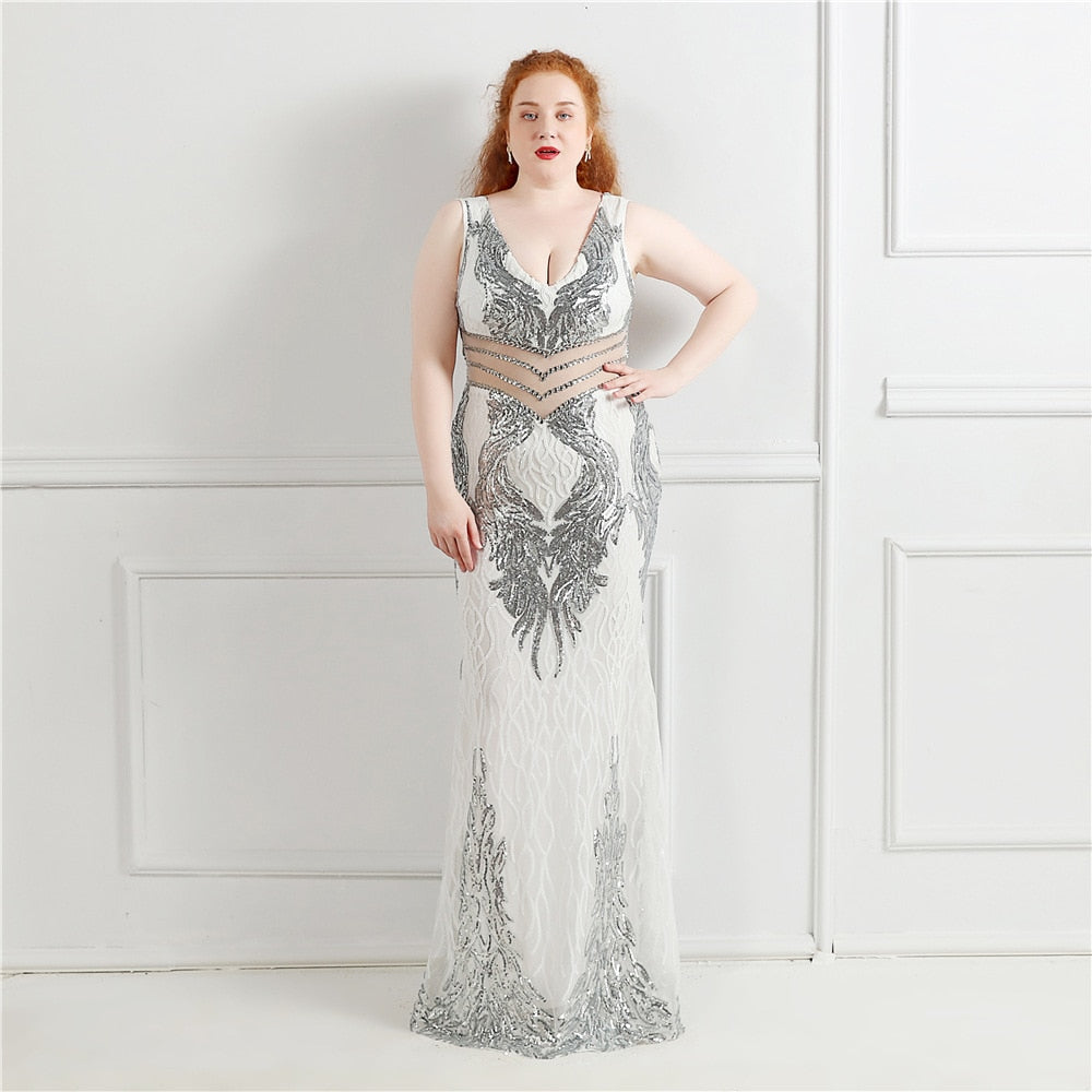 Women Plus Size V-Neck Sequins Contrast Color Formal Dress Party Gown Elegant Mermaid Prom Dress