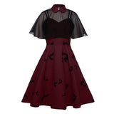 Chiffon Cape Bat Print Elegant Summer Midi High Waist Vintage Style Women Halloween Party Swing Dress