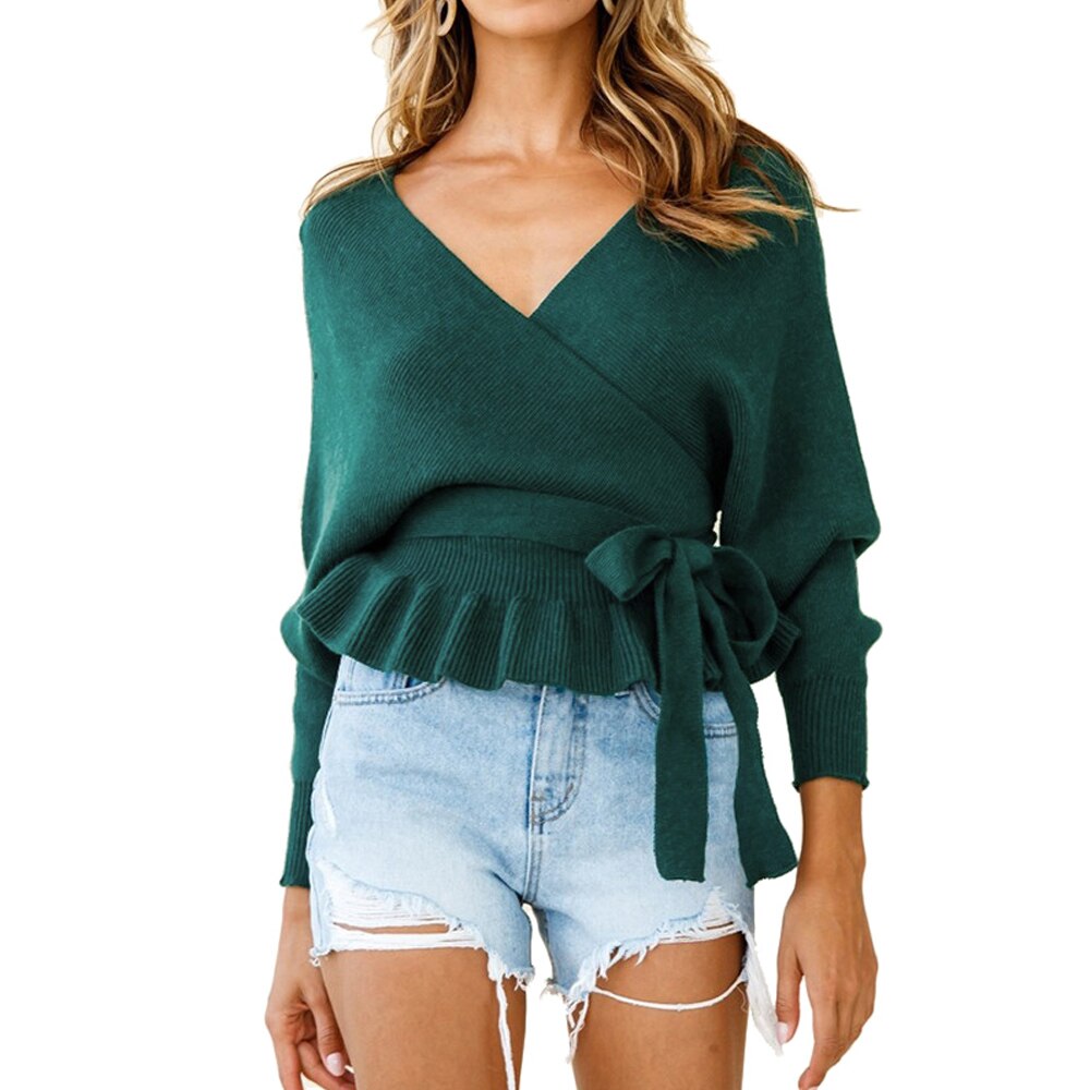 Autumn Winter Thickening Knitted Sweater Bow Women Casual V Collar Loose Knitted Pullovers Female Green Black Yellow Grey Jumper