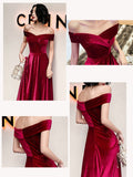 Burgundy Big A-line Evening Dress Off-Shoulder Formal Party Prom Gowns Shinning Velour Girl Vintage Homecoming Long Dress