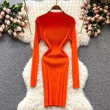 Autumn Winter Women Clothing Mock Neck Long Sleeve Ribbed Knit Sweater Dress Night Club Sexy Mini Knitted Bodycon Dress