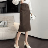 Women High Waist Spring Korean Style Vintage Woolen All-match Ladies Elegant Long Pencil Skirt