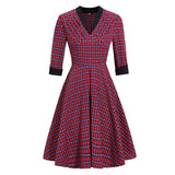 Vintage Robe Ruched V-Neck Tartan Elegant Party Midi Plaid High Waist Pin Up Retro Dress