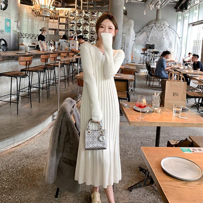 Autumn Winter O-neck Twisted Long Knit Dress Women Casual Loose Thick Sweater Dress Female Knitted Vestidos