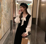 Black Velvet Midi Dress Women Parkwock 2021 Winter Retro Casual Y2k Dress Bow Design Eveming Party One Piece Dress Korea Fashion