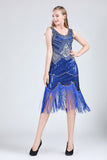 1920s Great Gatsby Flapper Dress V Neck Sleeveless Embellished Sequin Beaded Fringe Dress Vestidos