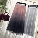 A-line Girls Daily Long Tulle Skirt Women 2021 Spring Gradient Korean Elegant High Waist A Line Long School Midi Skirt Female