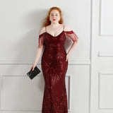 Plus Size Burgundy Sequin Dress Sexy Beading Evening Dress Women Party Strap Maxi Dress Long Prom Dress