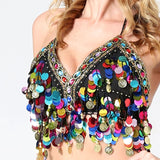 Women Sequin Halter Bra Salsa Belly Dance Boho Festival Club Tribal Top Colorful Beading Coins Tassel Lace-Up Cami Top