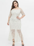 Plus Size Lace Women White Party Dress Half Sleeve Mermaid Formal Robes Off The Shoulder Vestidoes Asymmetrical Prom Gowns