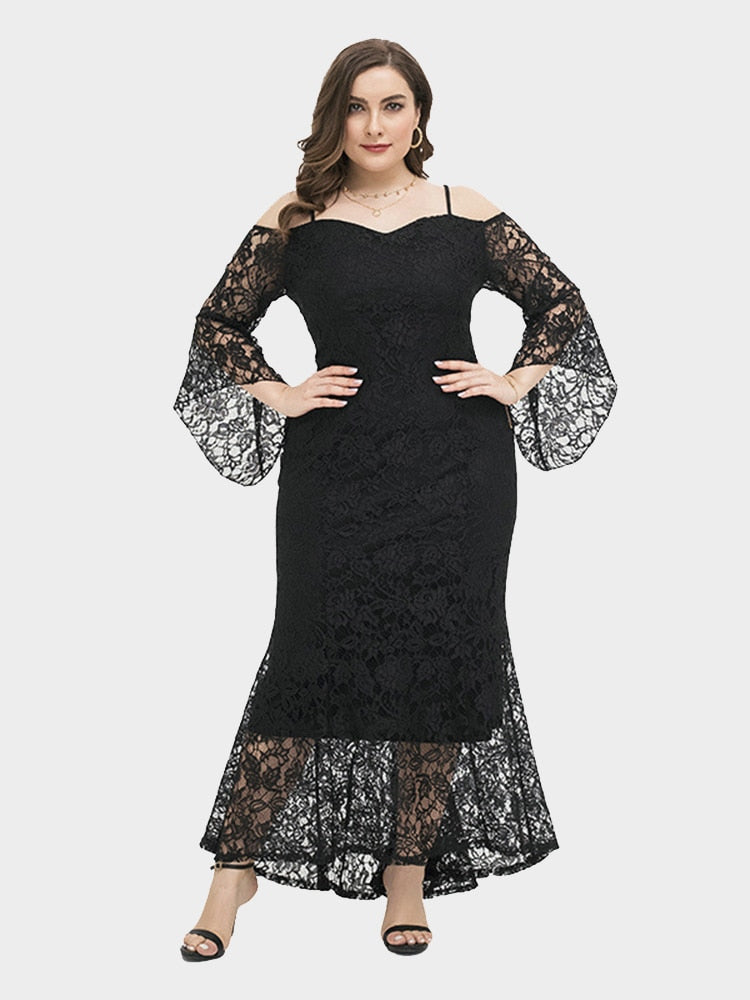 Plus Size Lace Dress Women Black Party Dress pagoda sleeve Mermaid Formal Robes Off The Shoulder Vestidoes