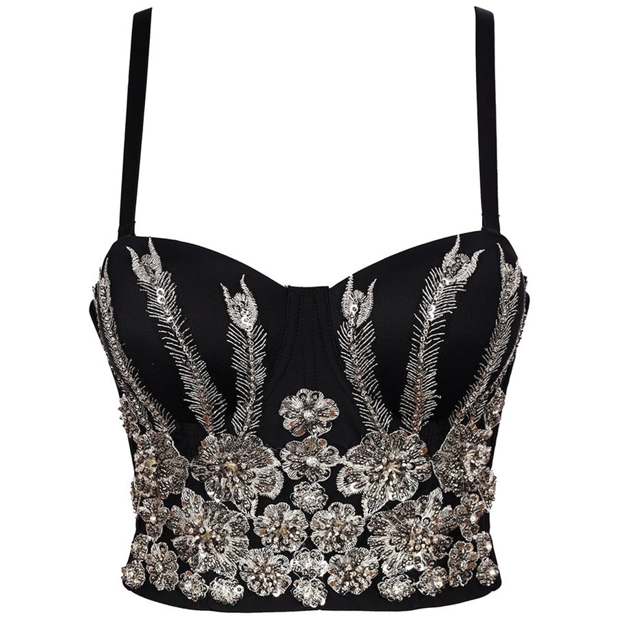 Sexy Slim Beads Acrylic Women Corset Crop Top Built in Bra To Wear Out Off Shoulder Camis Clothes