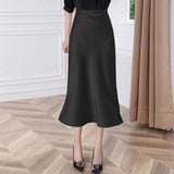 Summer Midi Elegant High Waist Black Long Satin Skirt Office Trumpet Vintage Silk Fishtail Skirts