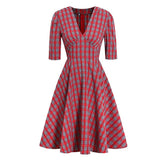 Autumn Vintage V Neck Plaid Pin Up High Waist Elegant Robe Rockabilly Party Dress