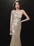 One Shoulder Sleeveless Shinning Evening Dress Mermaid Sequins Champagne Party Dress Elegant Floor Length Full Gowns