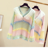 Women Long Sleeve V-Neck Knitted Rainbow Color Thin Mesh Patchwork Sweater Streetwear