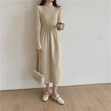 Autumn Winter Mock Neck Long Sleeve Basic Casual Sweater Dress Warm Chic Knitted Elegant Midi Dress