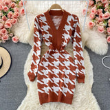 Elegant Vintage Houndstooth Knitted Dress Autumn Winter V Neck Long Sleeve Mini Bodycon Dress