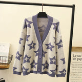 Autumn Women Casual Loose Knit Sweater Single-breasted V-Neck Star Cardigans Tops Outwear