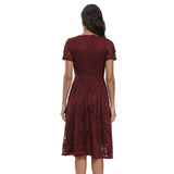 V Neck Elegant Burgundy A Line Lace Women Summer High Waist Vintage Midi Swing Dress