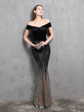 Slash Neck Full Evening Dress Elegant Velour Patchwork Sequins Slim Party Dress Mermaid Formal Gowns Women Dress