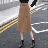 Long Women Black Khaki Woolen A-Line Autumn Thick Button Office Ladies Korean Suit Skirt