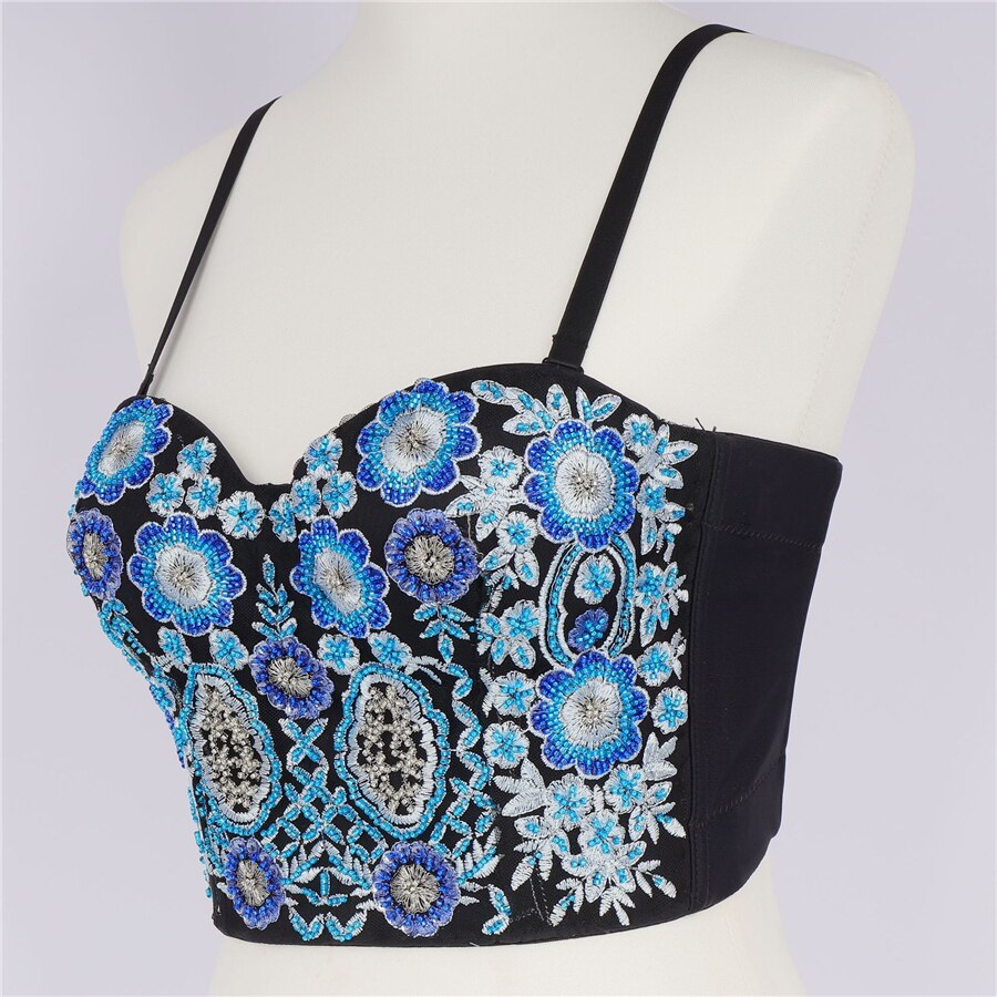 Autumn Bodice Sleeveless Women Sexy Slim?Embroidery Beading Crop Top Nightclub Show Camis Top With Built In Bra