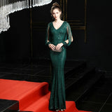 V-neck Sequins Evening Dress Long Sleeve Elegant Evening Party Dress