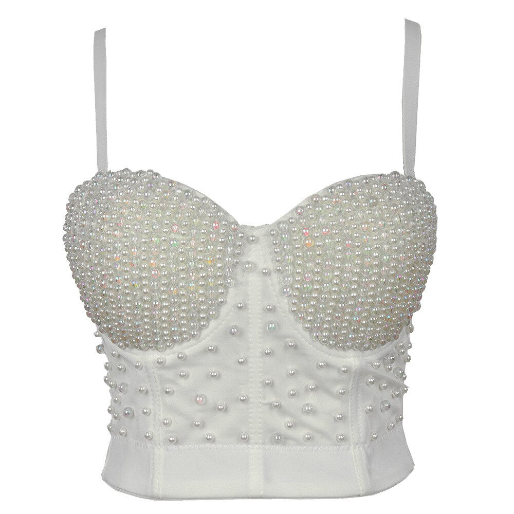 Summer Crop Tops With Cups Off Shoulder Corset Built In Bra Sexy Top Dance Beads Push Up Breast Clothing