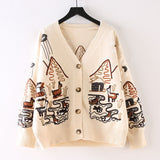 Autumn Women Vintage Long Sleeve Cartoon embroidery Sweater Coat Casual Knitted Cardigans