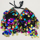 Women Sequin Halter Bra Salsa Belly Dance Boho Festival Club Tribal Top Colorful Beading Coins Tassel Lace-Up Cami Top