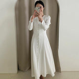 Elegant  Women White Party Split Fairy  Office Lady Long Sleeve Designer Korean Style Autumn