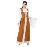 Women Renaissance Medieval Vintage Boho Long Sleeves Dress Irish Patchwork Lace Up Over Dress Two Pieces Retro Gown Plus Size