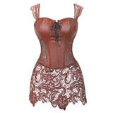 Women Steampunk Sexy Faux Leather Overbust Corset Dress Gothic Zipper Floral Lace Up Corset Bustier Lingerie Top Plus Size S-6XL