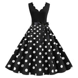 Two Tone Scallop Trim V Neck Polka Dot Belted A Line Women Summer Sleeveless Plus Size Skater Dress