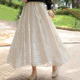 Long Boho Vintage Lace Pleated Korean Summer Solid White A-Line Maxi Skirt