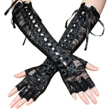 Women Sexy Floral Lace Half Finger Gloves Long Elbow Lace Up Steampunk Party Costume Arm Warmer Sexy Club Ribbon Mittens