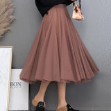 Women Long Elegant High Waist A Line Pleated Skirt Korean Style Vintage Streetwear Ladies Tulle Midi Skirt