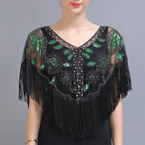 Women 1920s Sequined Shawl with Tassels Beaded Pearl Fringe Sheer Mesh Wraps Gatsby Flapper Bolero Cape Cover Up