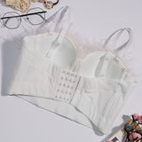 Nightclub Feather Beading Crop Tank Top With Built In Bra Push Up Bralette Spaghetti Strap Tops Camis Clothing