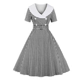 Gingham Print High Waist Women Vintage A Line Midi Cotton Fabric Double Breasted 1950S Rockabilly Plaid Dress