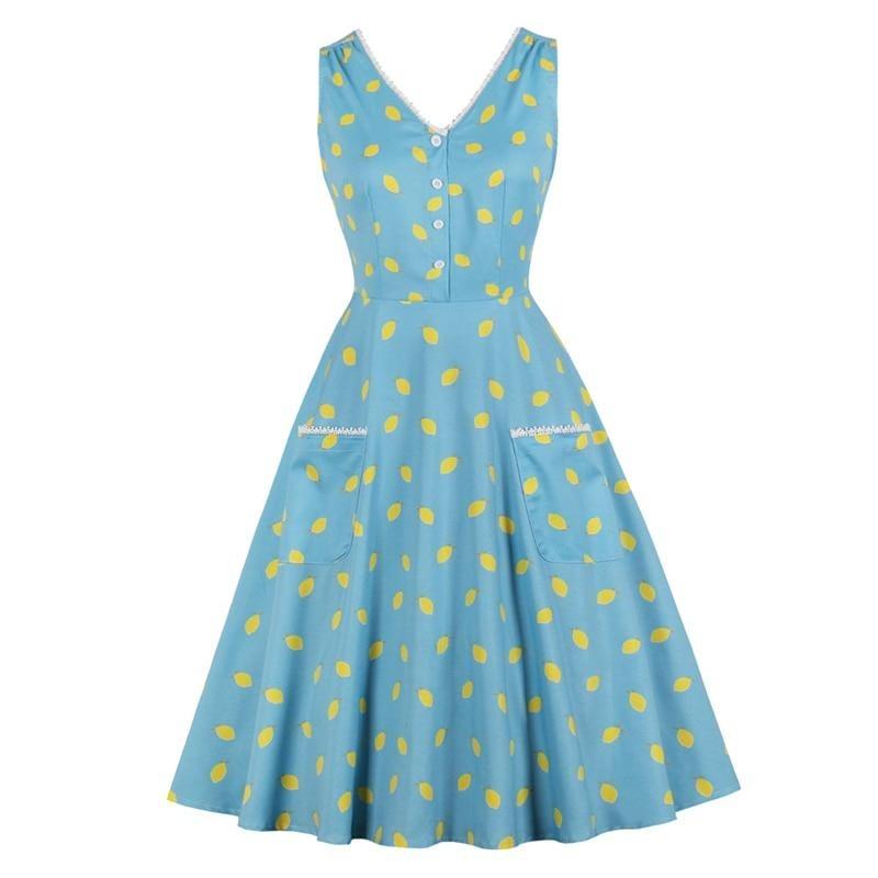 Lace V Neck Button Front Lemon Print A Line Pinup Swing Midi Dress Women Summer Sky Blue Sleeveless 50s Rockabilly Vintage Jurk
