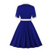 Women Retro Vintage Party Dress Bow Neck Patchwork Solid Color Swing Pin Up Rockabilly Jurken 50s 60s Casual Dresses With Belt