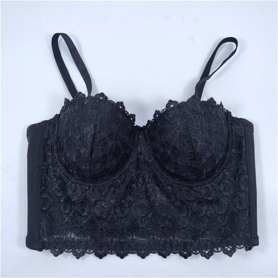 Women Top With Cup Sexy Embroidery Lace Cropped Short Night Club Party Corset Crop Top Push Up Bustier Camisole Built in Bra