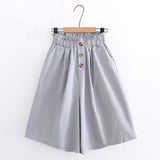 2021 Button Front School Women Wide Leg Shorts Skirts Korean Style Casual Loose Solid Elastic Waist Streetwear Flare Short Pants